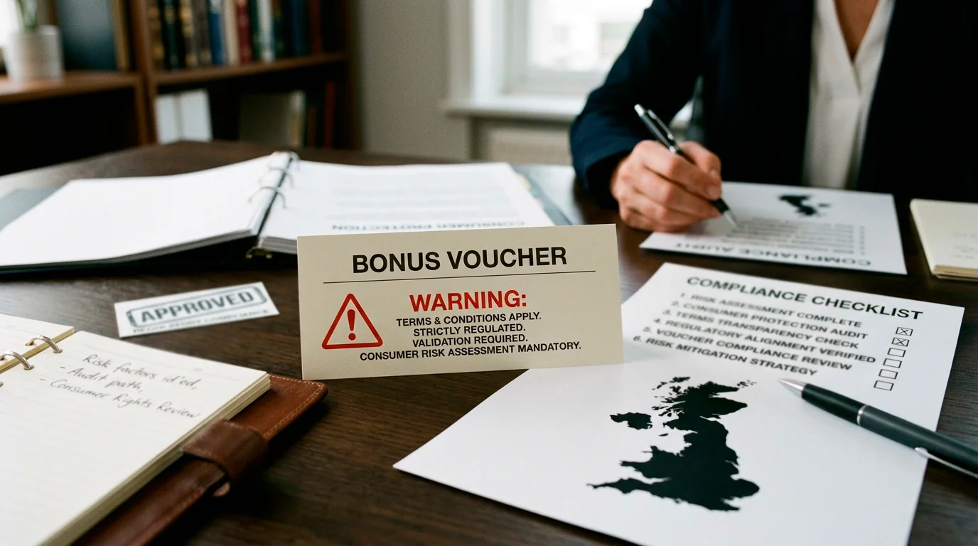 Neutral bonus warning card beside a UK casino rules checklist