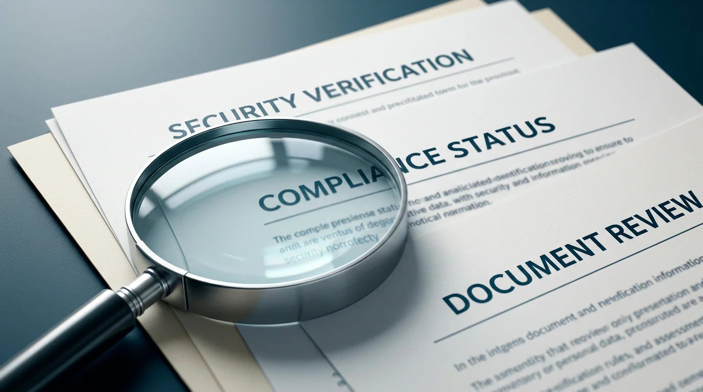 Neutral identity documents beside a cautious verification notice